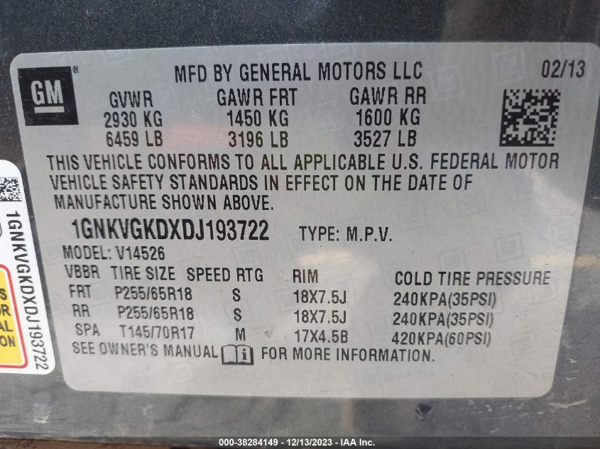 2013 CHEVROLET TRAVERSE 1LT - 1GNKVGKDXDJ193722