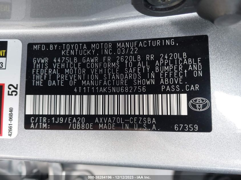 2022 TOYOTA CAMRY SE/NIGHT SHADE - 4T1T11AK5NU682756