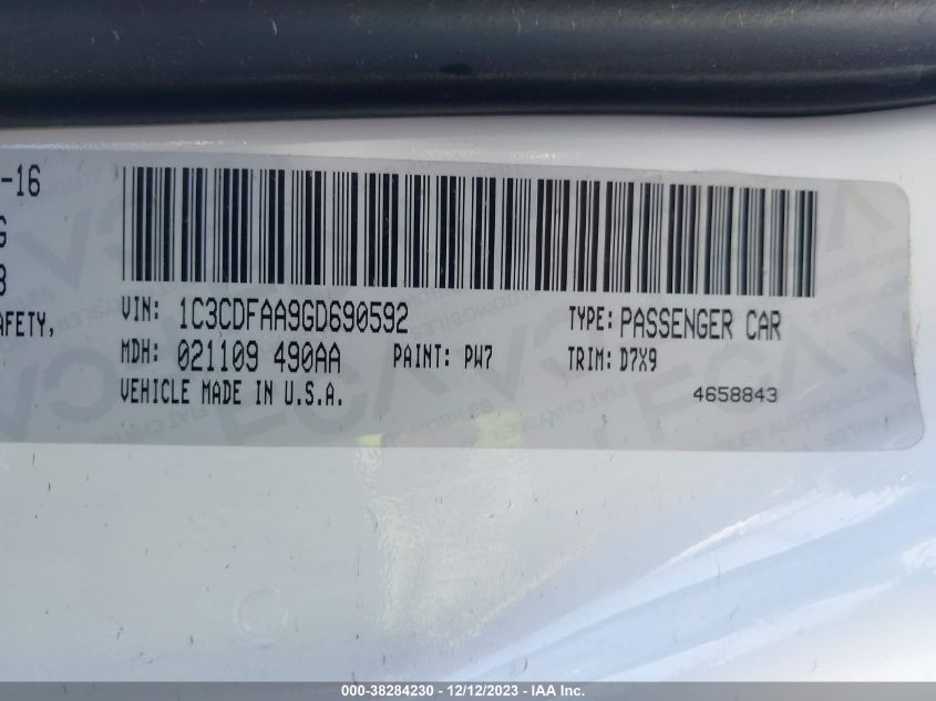 2016 DODGE DART SE - 1C3CDFAA9GD690592