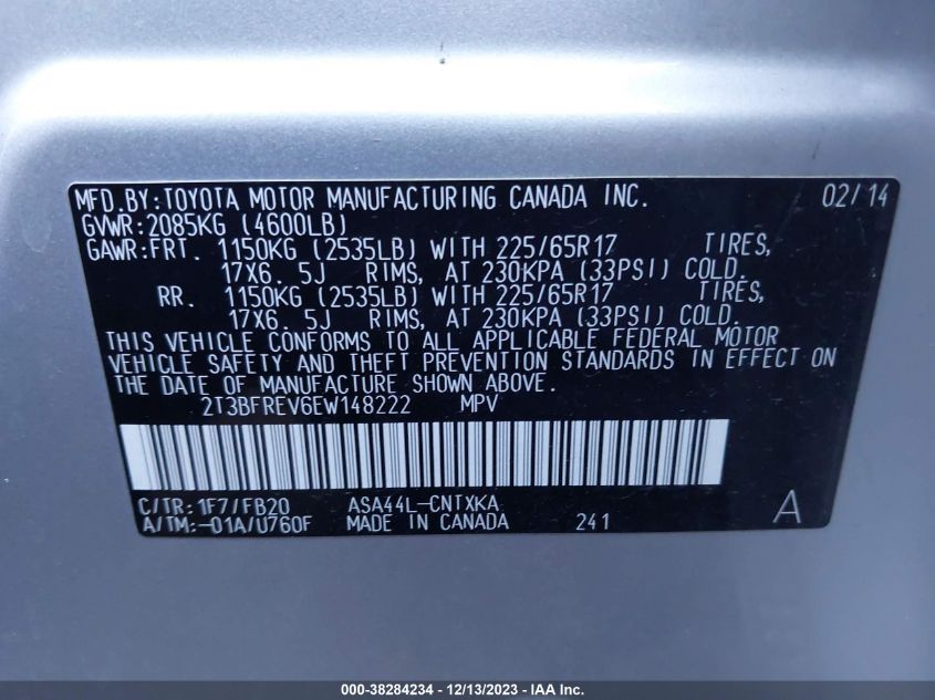 2014 TOYOTA RAV4 LE - 2T3BFREV6EW148222