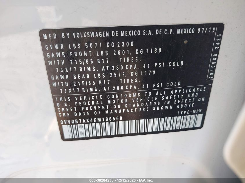 2019 VOLKSWAGEN TIGUAN 2.0T S - 3VV0B7AX4KM188568
