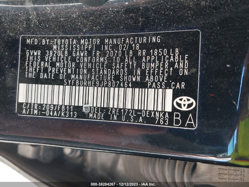 2018 TOYOTA COROLLA L/LE/XLE/SE/XSE - 5YFBURHE9JP807464