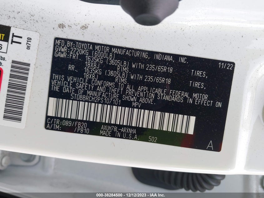 VIN 5TDBBRCH2PS107101 2023 TOYOTA HIGHLANDER HYBRID LE