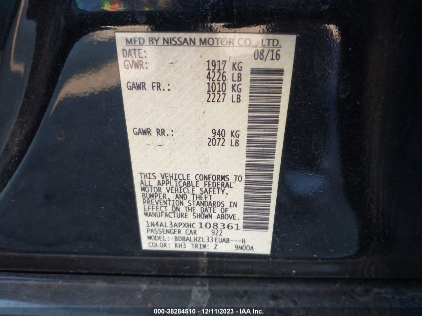 VIN 1N4AL3APXHC108361 2017 NISSAN ALTIMA 2.5 SR