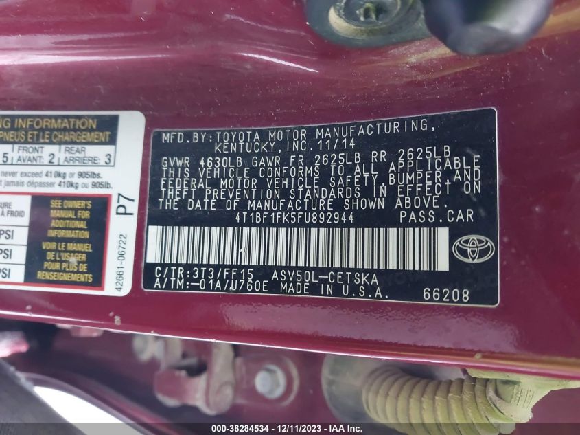 2015 TOYOTA CAMRY LE/XLE/SE/XSE - 4T1BF1FK5FU892944