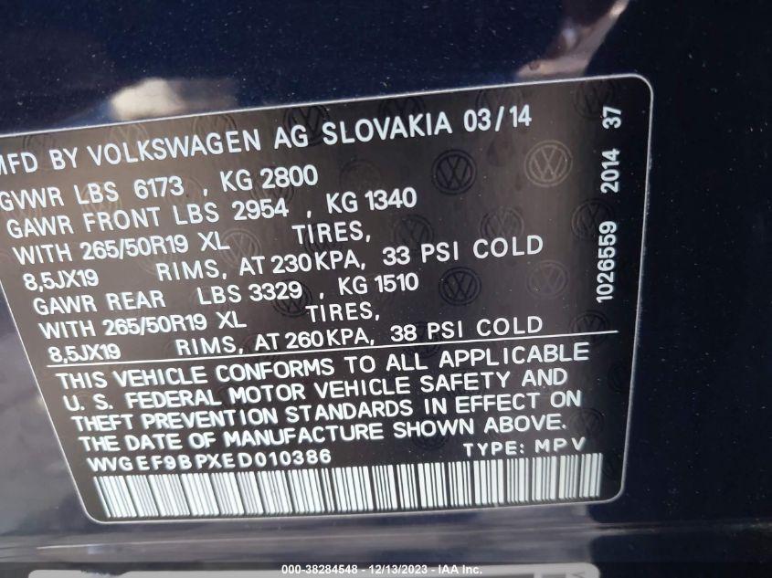 2014 VOLKSWAGEN TOUAREG V6 - WVGEF9BPXED010386