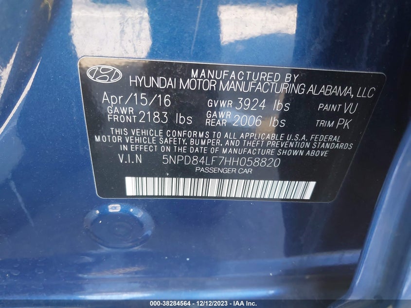 VIN 5NPD84LF7HH058820 2017 HYUNDAI ELANTRA SE/VALUE/LIMITED
