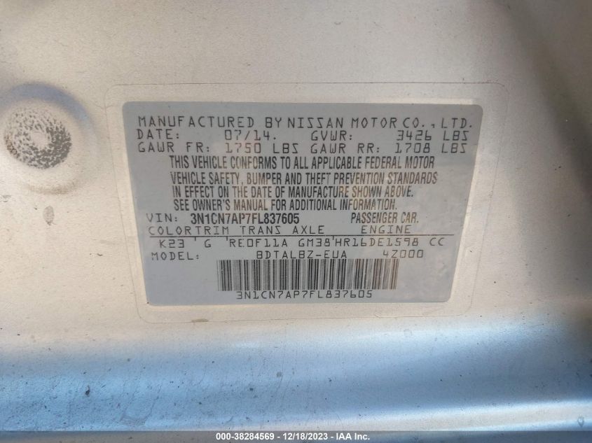2015 NISSAN VERSA S/S PLUS/SV/SL - 3N1CN7AP7FL837605