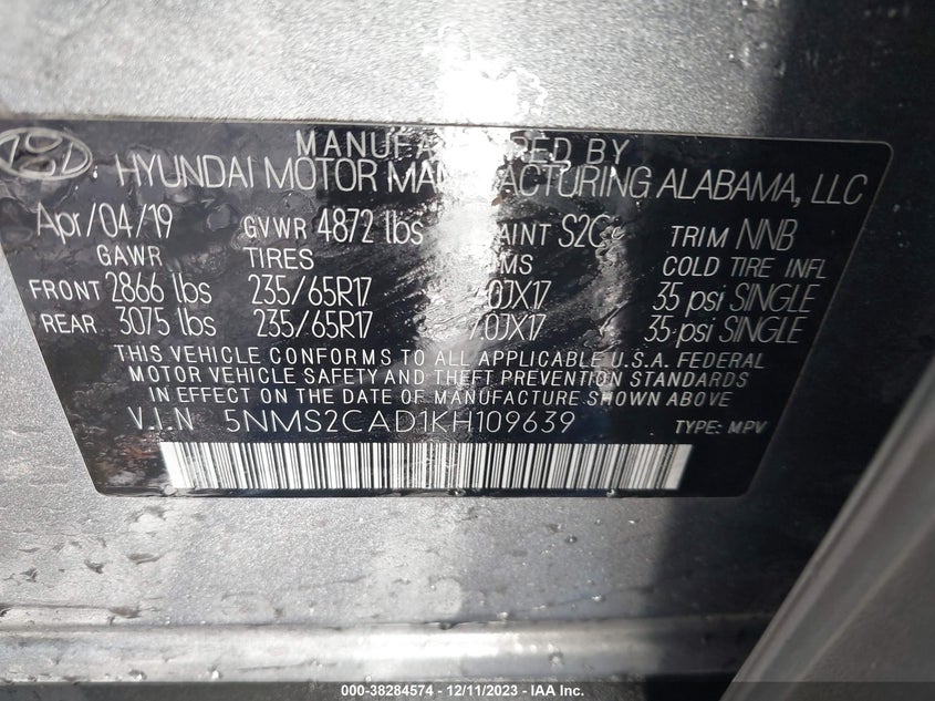 VIN 5NMS2CAD1KH109639 2019 HYUNDAI SANTA FE SE