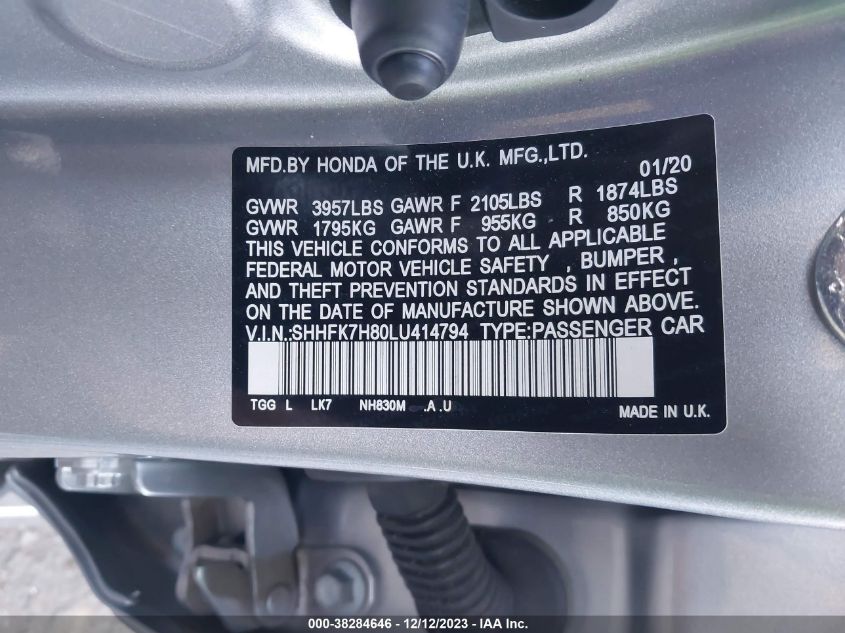2020 HONDA CIVIC EXL - SHHFK7H80LU414794