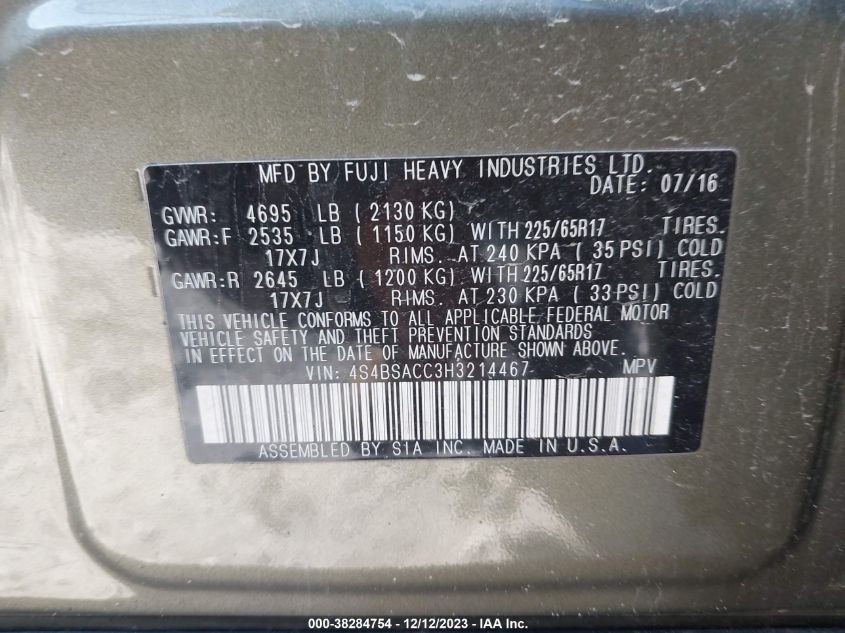 2017 SUBARU OUTBACK 2.5I PREMIUM - 4S4BSACC3H3214467