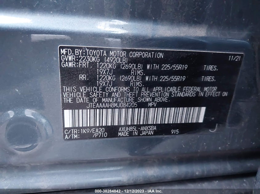 VIN JTEAAAAH8MJ084205 2021 TOYOTA VENZA LIMITED