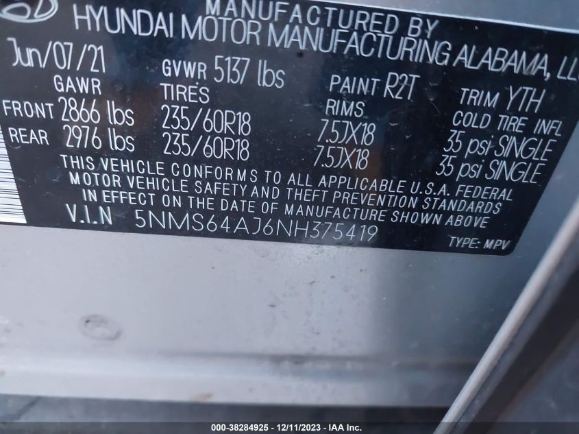 2022 HYUNDAI SANTA FE SEL - 5NMS64AJ6NH375419