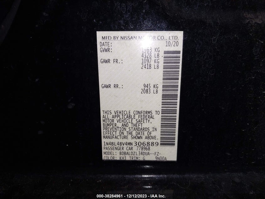 2021 NISSAN ALTIMA 2.5L I4 FI DOHC 16V (VIN: 1N4BL4BV4MN306889