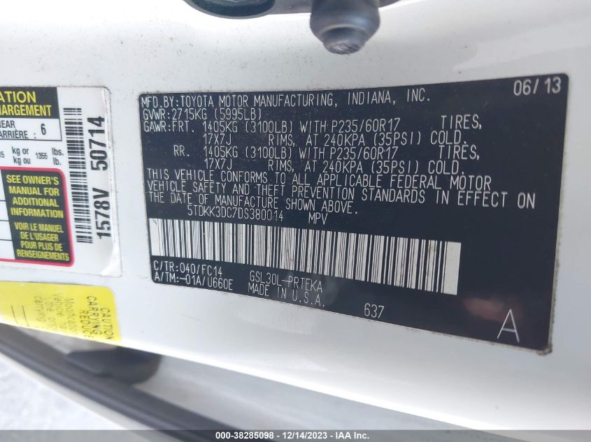 2013 TOYOTA SIENNA LE V6 7 PASSENGER AUTO ACCESS SEAT/LE V6 8 PASSENGER - 5TDKK3DC7D5380014