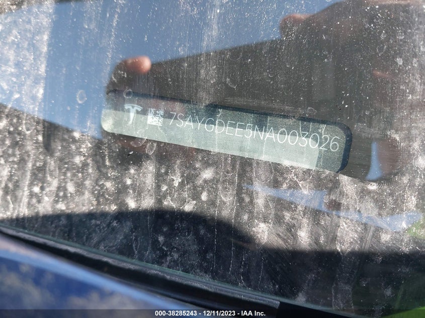 VIN 7SAYGDEE5NA003026 2022 TESLA MODEL Y