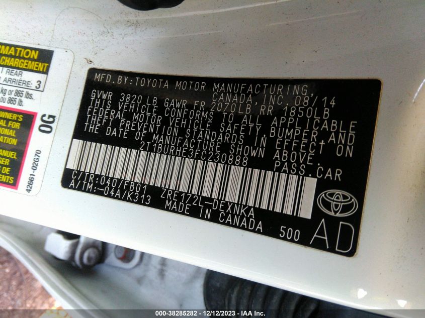 2015 TOYOTA COROLLA LE - 2T1BURHE3FC230888