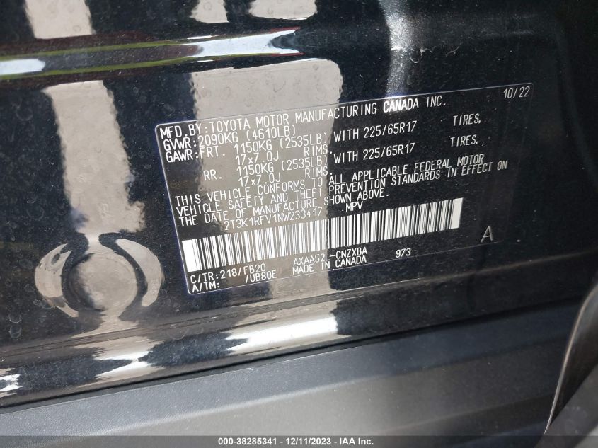 VIN 2T3K1RFV1NW233417 2022 TOYOTA RAV4 LE