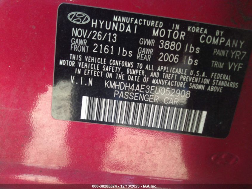 2014 HYUNDAI ELANTRA SE ULSAN PLANT - KMHDH4AE3EU052908