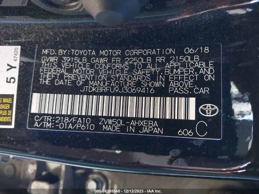 2018 TOYOTA PRIUS - JTDKBRFU9J3069416