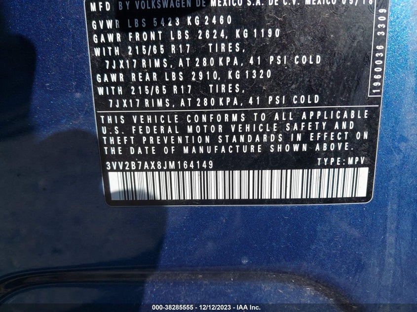 VIN 3VV2B7AX8JM164149 2018 VOLKSWAGEN TIGUAN SE/SEL