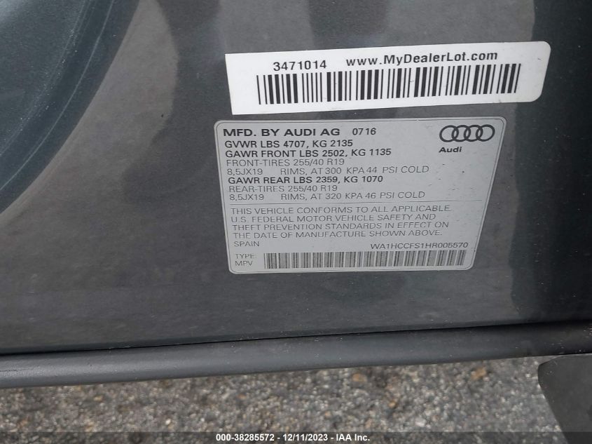 VIN WA1HCCFS1HR005570 2017 AUDI Q3 2.0T PREMIUM