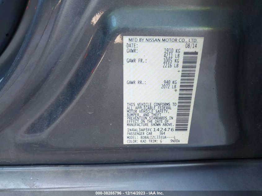 2015 NISSAN ALTIMA 2.5/S/SV/SL - 1N4AL3AP3FC142476