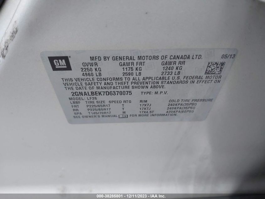 2013 CHEVROLET EQUINOX LS - 2GNALBEK7D6370075