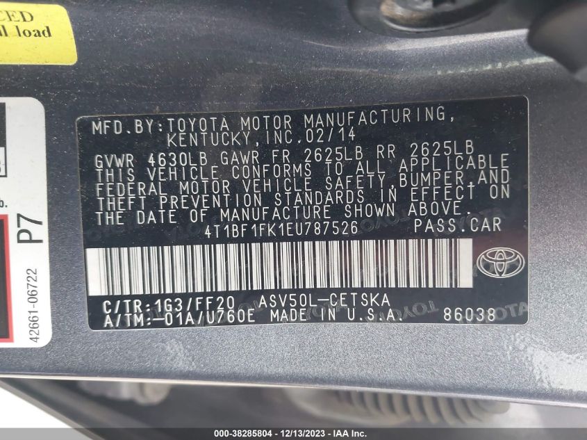 2014 TOYOTA CAMRY L/SE/LE/XLE - 4T1BF1FK1EU787526