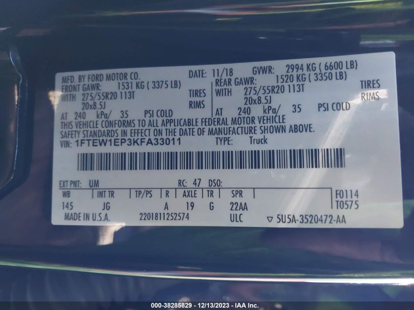 2019 FORD F150 SUPERCREW - 1FTWE1EP3KFA33011
