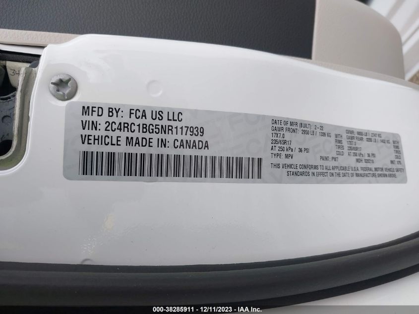 2022 CHRYSLER PACIFICA TOURING L - 2C4RC1BG5NR117939