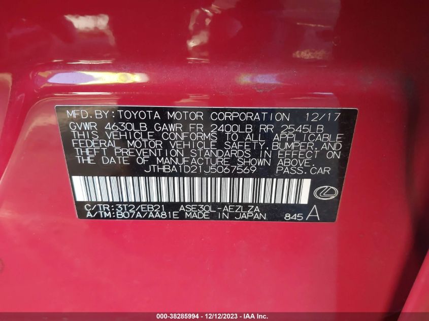 2018 LEXUS IS 300 - JTHBA1D21J5067569