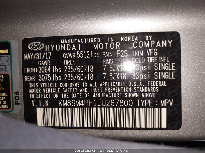 2018 HYUNDAI SANTA FE SE - KM8SM4HF1JU267800