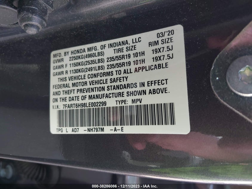 VIN 7FART6H98LE002299 2020 HONDA CR-V HYBRID TOURING