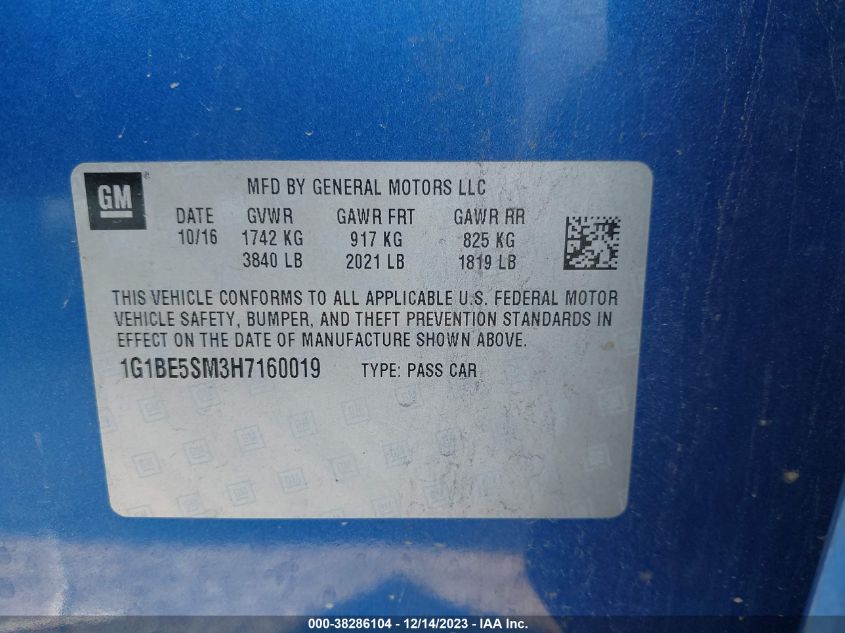 2017 CHEVROLET CRUZE LT - 1G1BE5SM3H7160019