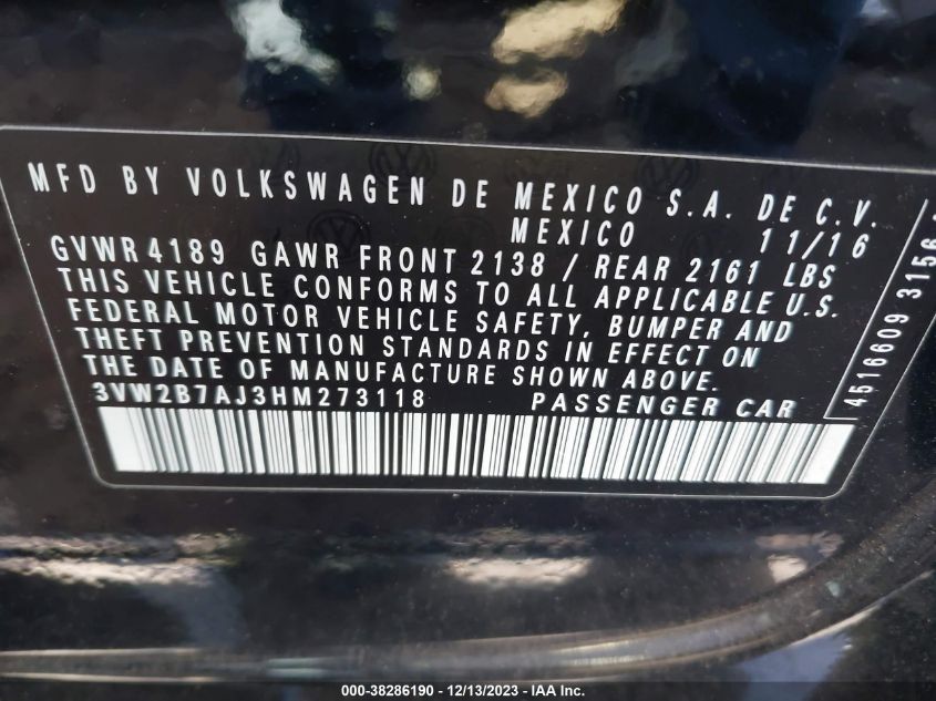 2017 VOLKSWAGEN JETTA S - 3VW2B7AJ3HM273118