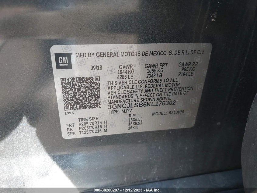 VIN 3GNCJLSB6KL176302 2019 CHEVROLET TRAX 1LT