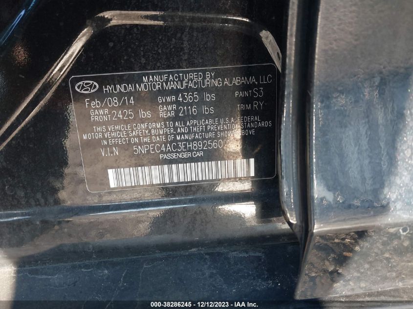 2014 HYUNDAI SONATA SE - 5NPEC4AC3EH892560