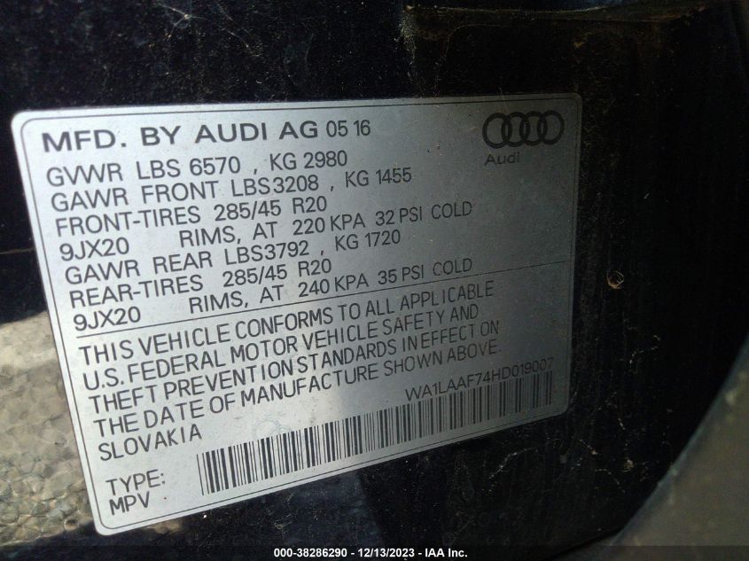 2017 AUDI Q7 PREMIUM PLUS - WA1LAAF74HD019007