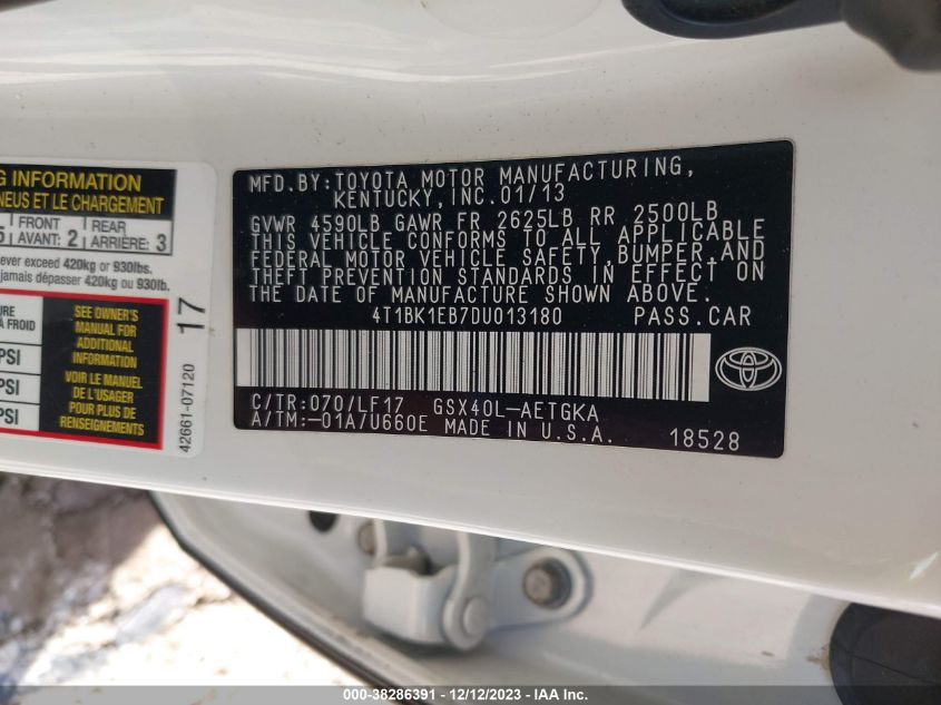 2013 TOYOTA AVALON PREMIUM/TOURING/LIMITED - 4T1BK1EB7DU013180