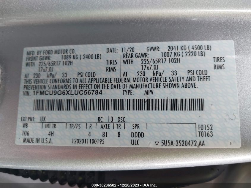 2020 FORD ESCAPE SE - 1FMCU9G6XLUC56784