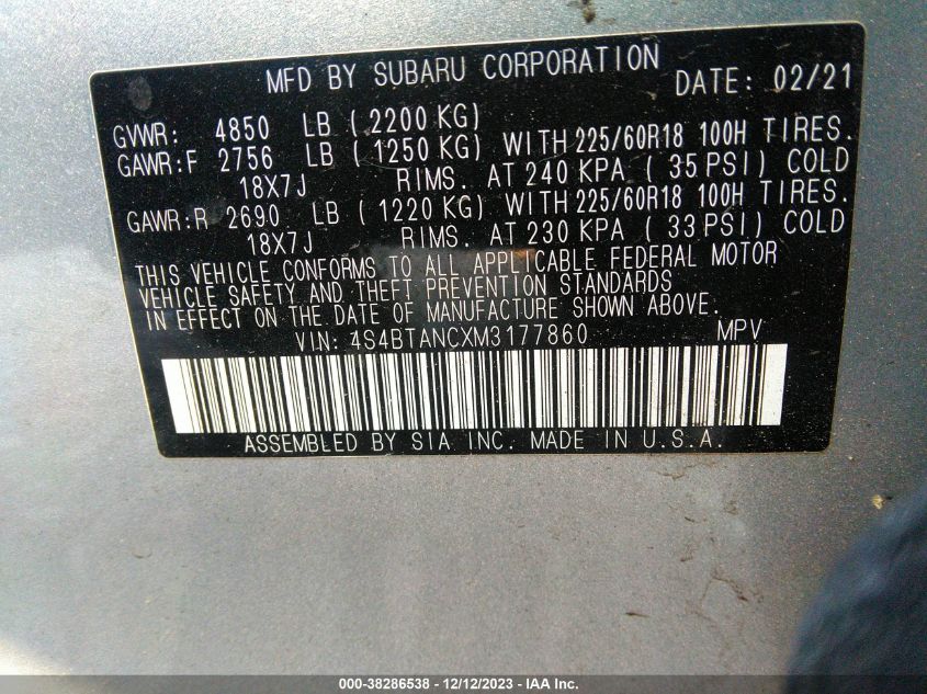 2021 SUBARU OUTBACK LIMITED - 4S4BTANCXM3177860