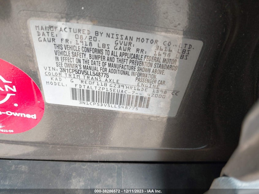 VIN 3N1CP5DV5LL548775 2020 NISSAN KICKS SR XTRONIC CVT