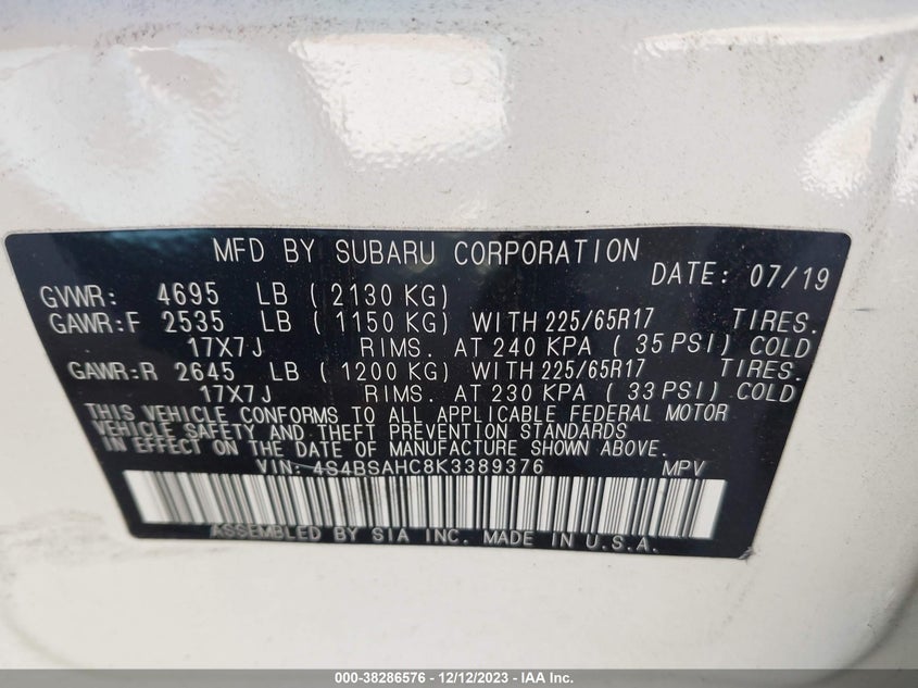 VIN 4S4BSAHC8K3389376 2019 SUBARU OUTBACK 2.5I PREMIUM