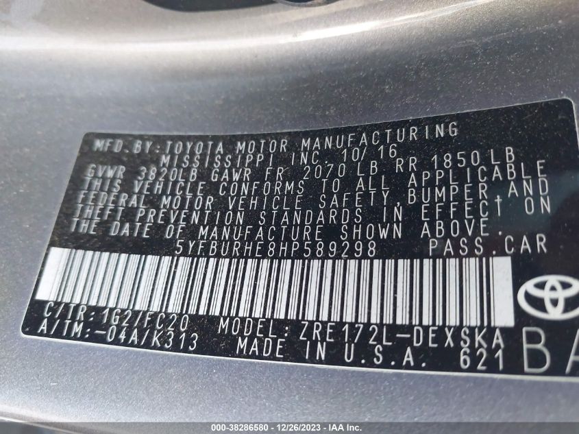 2017 TOYOTA COROLLA SE - 5YFBURHE8HP589298