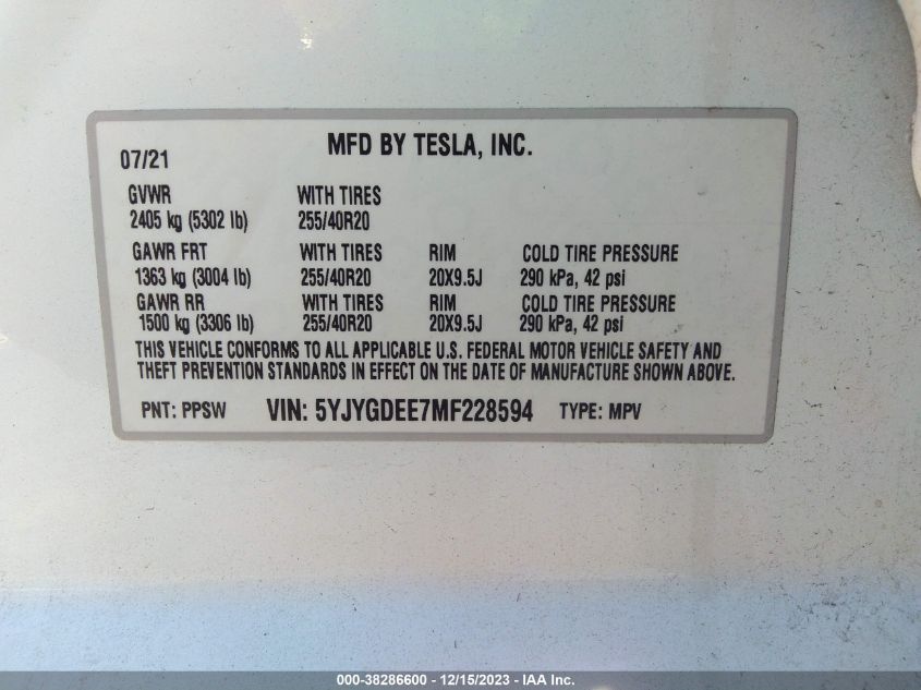 2021 TESLA MODEL Y - 5YJYGDEE7MF228594