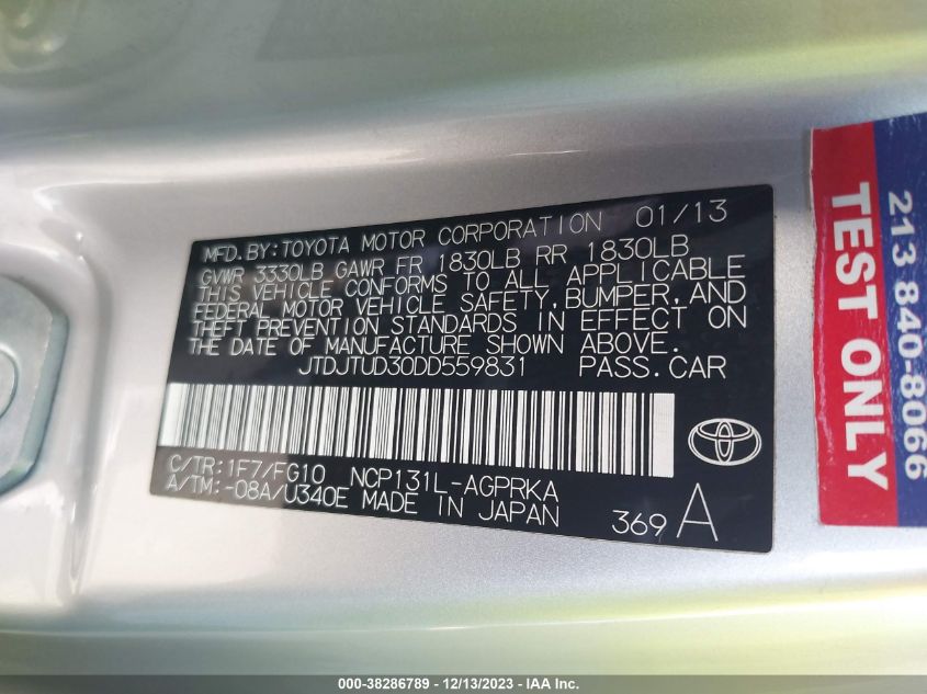 2013 TOYOTA YARIS L - JTDJTUD30DD559831