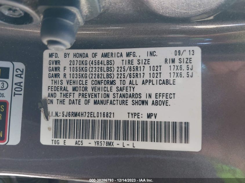 2014 HONDA CR-V EX-L - 5J6RM4H72EL016821