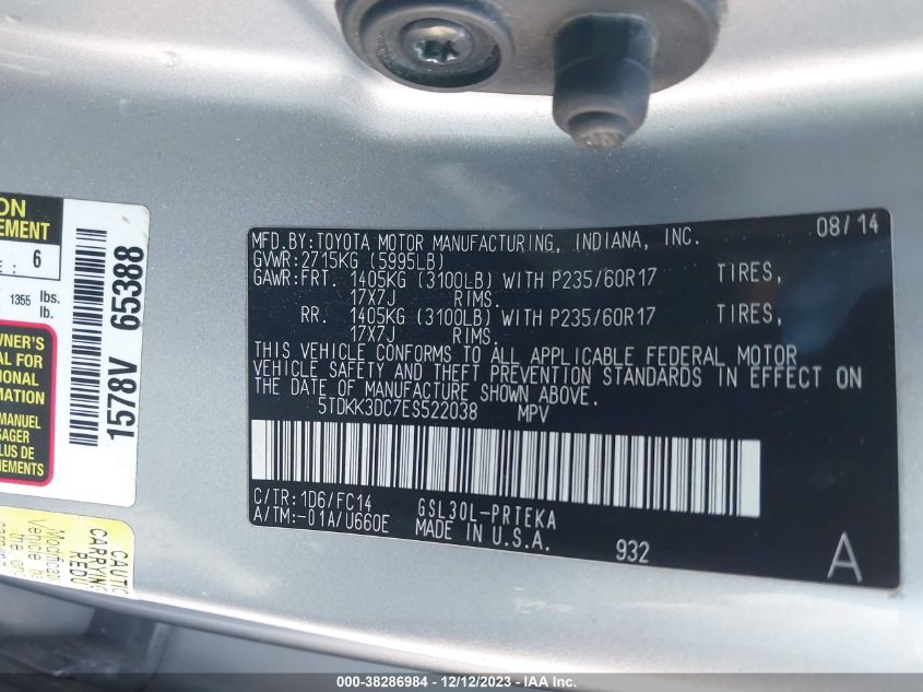 2014 TOYOTA SIENNA LE V6 8 PASSENGER - 5TDKK3DC7ES522038
