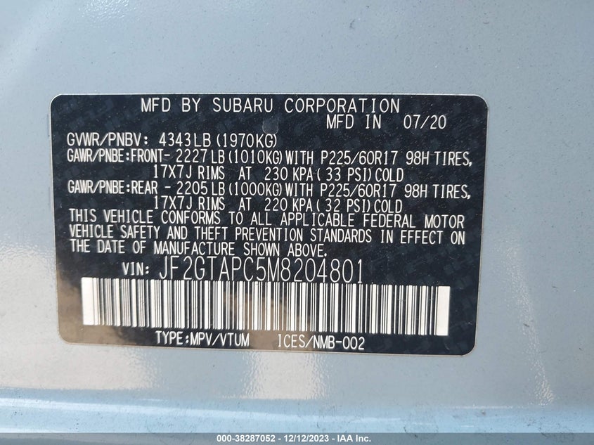 VIN JF2GTAPC5M8204801 2021 SUBARU CROSSTREK PREMIUM